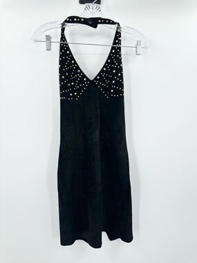 Firenze Vintage Black Leather Gold Stud Beaded Halter Mini Dress Size Petite